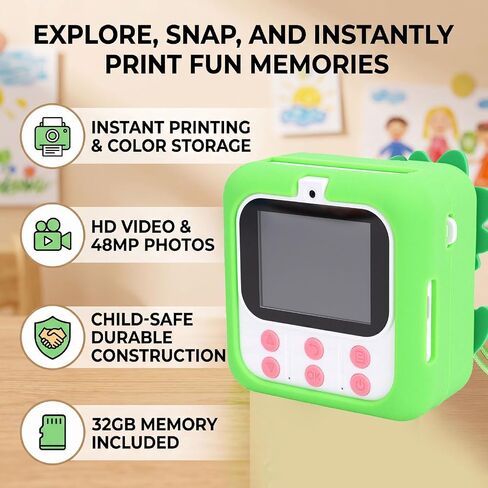 VBESTLIFE Instant Print Camera for 3-12 Year Kids, 48MP 1080P HD Kids Camera with 2.4 Inch Screen, 32GB Memory Card, 15 Filters, 16 Stickers, Grayscale Printing in Kuwait
