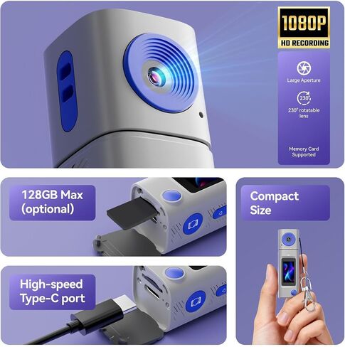 1080P Small Digital Camera, Lipstick Camera with 230 Rotatable Lens, 64MP Photos, 16GB Built in Memory, Portable Keychain Vintage for Selfies, Travel, Outdoor Photography (Light Gray) in Kuwait