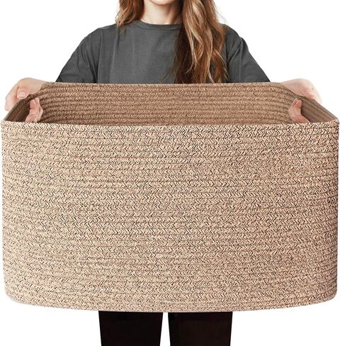 Large Storage Basket for Blankets, 75L Woven Blanket Storage for Living Room, Cotton Rope Baskets for Organizing, Kids Dog Toy Bin Box, Rectangle Pillow Holder Organizer, 22"x17"x12" in Kuwait