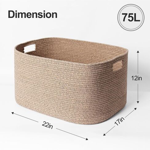 Large Storage Basket for Blankets, 75L Woven Blanket Storage for Living Room, Cotton Rope Baskets for Organizing, Kids Dog Toy Bin Box, Rectangle Pillow Holder Organizer, 22"x17"x12" in Kuwait