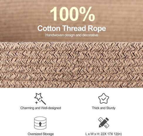 Large Storage Basket for Blankets, 75L Woven Blanket Storage for Living Room, Cotton Rope Baskets for Organizing, Kids Dog Toy Bin Box, Rectangle Pillow Holder Organizer, 22"x17"x12" in Kuwait