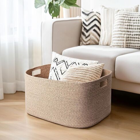 Large Storage Basket for Blankets, 75L Woven Blanket Storage for Living Room, Cotton Rope Baskets for Organizing, Kids Dog Toy Bin Box, Rectangle Pillow Holder Organizer, 22"x17"x12" in Kuwait