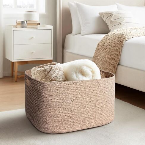 Large Storage Basket for Blankets, 75L Woven Blanket Storage for Living Room, Cotton Rope Baskets for Organizing, Kids Dog Toy Bin Box, Rectangle Pillow Holder Organizer, 22"x17"x12" in Kuwait