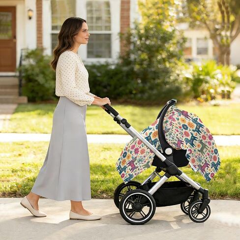 Colorful Dala Horse Floral Car Seat Cover Baby, Carseat Canopy Cover for Girl Boy, Breathable Baby Carrier Cover Stroller Sun Shade Universal Fit Breastfeeding Cover in Kuwait