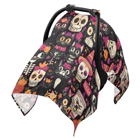 Mexican Day of The Dead Cat Skeleton Sugar Skull Car Seat Cover Baby, Carseat Canopy Cover for Girl Boy, Breathable Baby Carrier Cover Stroller Sun Shade Universal Fit Breastfeeding Cover in Kuwait