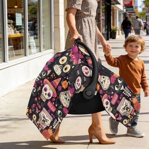 Mexican Day of The Dead Cat Skeleton Sugar Skull Car Seat Cover Baby, Carseat Canopy Cover for Girl Boy, Breathable Baby Carrier Cover Stroller Sun Shade Universal Fit Breastfeeding Cover in Kuwait