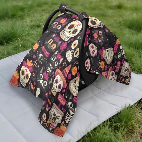 Mexican Day of The Dead Cat Skeleton Sugar Skull Car Seat Cover Baby, Carseat Canopy Cover for Girl Boy, Breathable Baby Carrier Cover Stroller Sun Shade Universal Fit Breastfeeding Cover in Kuwait