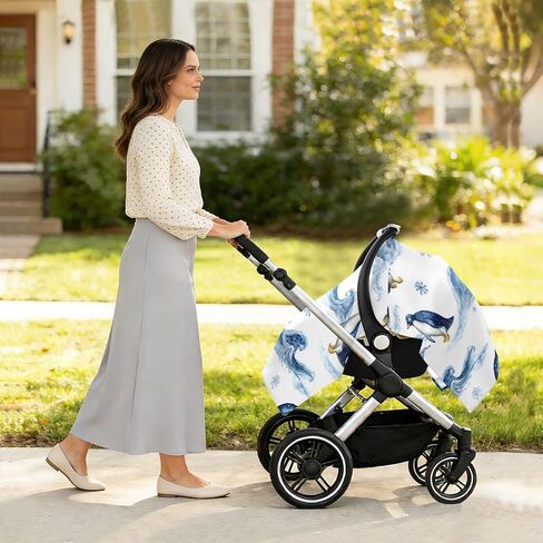 Penguins Ocean Wave Snowflake Car Seat Cover Baby, Carseat Canopy Cover for Girl Boy, Breathable Baby Carrier Cover Stroller Sun Shade Universal Fit Breastfeeding Cover in Kuwait