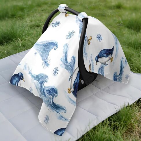 Penguins Ocean Wave Snowflake Car Seat Cover Baby, Carseat Canopy Cover for Girl Boy, Breathable Baby Carrier Cover Stroller Sun Shade Universal Fit Breastfeeding Cover in Kuwait