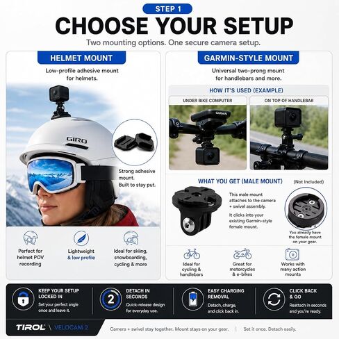 TIROL SUPPLIES Ultra Light Action Camera | 170° Wide Angle FHD 1080P | Front or Rear View Bike Camera, Loop Recording, USB Rechargeable, Two-Prong Mount for Men in Kuwait