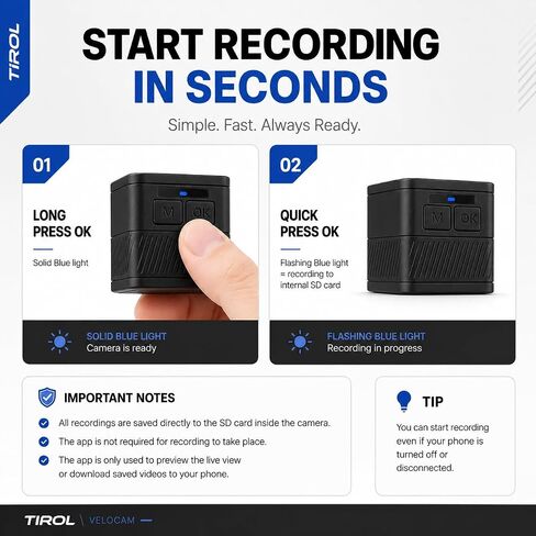 TIROL SUPPLIES Ultra Light Action Camera | 170° Wide Angle FHD 1080P | Front or Rear View Bike Camera, Loop Recording, USB Rechargeable, Two-Prong Mount for Men in Kuwait