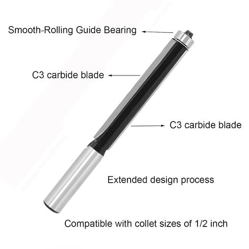 Extended Flush Trim Bit 1/2 Shank, 3" Cutting Length for Deep Template Work | Deep Flush Trimming Made Easy, 2-Flute Design, Bottom Bearing for Precise Tracking, Anti-Kickback, for Wood, Plywood & MDF in Kuwait