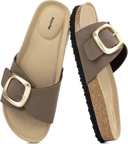 Merking Womens Slides Sandals Adjustable Buckle Cork Footbed | Dressy Beach Shoes for Summer Casual Vacation in Kuwait
