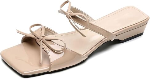 Women's Bow Two Strapy Chunky Heel Slide Sandals Square Open Toe Comfort Slip-on 1.18" Low Block Heel Backless Mule for Summer Casual Beach Vacation in Kuwait