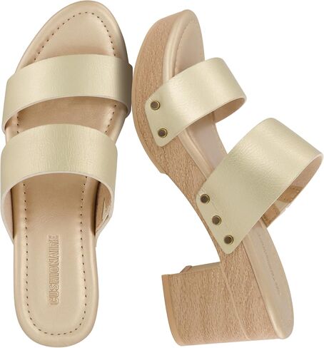 CUSHIONAIRE Sky Platform Sandals for Women, Faux Wood Block Heel Slide with Comfort Foam Footbed and Vegan Leather Straps, Wide Width Available in Saudi Arabia