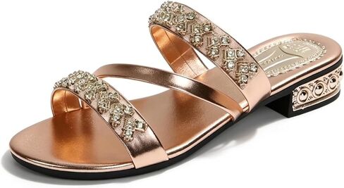 Women's Sparkly Rhinestone Flat Mules, Metallic Shiny Low Heel Slide Sandals, Elegant Comfort Slip On Dress Shoes for Summer Party & Daily in Kuwait