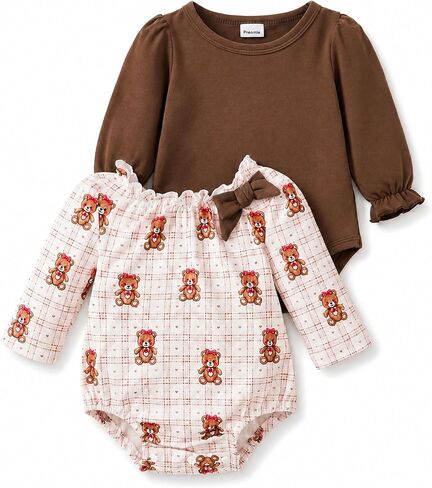 Baby Girl Clothes Long Sleeve Bodysuit Romper Set Ruffle Bow Prints 2 Pack Preemie Newborn 0 3 6 12 Months in Kuwait