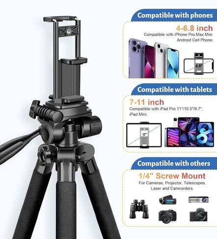 JOILCAN Tripod for Camera, 67" Heavy Duty Camera Tripod, Phone Tripods for Video Recording Photo Vlog, Aluminum Tripods with Holder & Travel Bag for Cameras DSLR iPhone Projector Laser in Kuwait