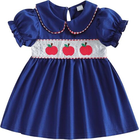Little Girl Back to School Outfit First Day of School Pre K Kindergarten Apple Pencil Plaid Lapel Short Sleeve Dress in Kuwait