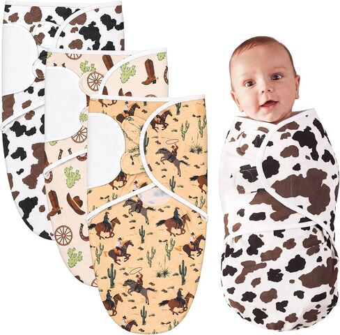 3 Pcs Western Cowboy Swaddles for Newborns Organic Cotton Adjustable Swaddles 0-3 Months Newborn Gift Breathable Soft Nursery Swaddling Blankets for Boy Girl Baby in Kuwait