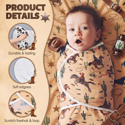 3 Pcs Western Cowboy Swaddles for Newborns Organic Cotton Adjustable Swaddles 0-3 Months Newborn Gift Breathable Soft Nursery Swaddling Blankets for Boy Girl Baby in Kuwait
