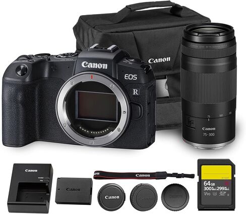 Canon EOS RP Mirrorless Camera| 26.2MP Full Frame Sensor| 4K Video Recording| Lightweight Compact Camera for Travel and Everyday Content Creation (3380C002) + Canon RF 75-300mm Lens + 64GB Card + Bag in Kuwait
