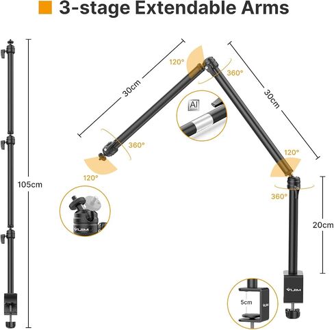 VIJIM LS08 Flexible Overhead Camera Mount Desk Stand WebcamStand Microphone | Boom Arm Tabletop Photography Videography Live Stream Table clamp Mount in Kuwait