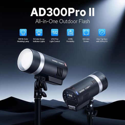 GODOX AD300Pro II AD300 Pro II Outdoor Flash Strobe, 2.4G 300Ws TTL HSS 1/8000s Portable Flash Monolight, 350 Full Power Flashes, 12W Bi-Color Modeling Lamp, 1/512-1/1 Power Adjust, HD Color Screen in Kuwait