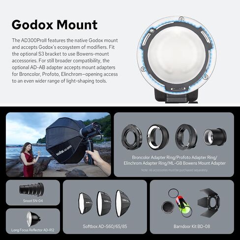 GODOX AD300Pro II AD300 Pro II Outdoor Flash Strobe, 2.4G 300Ws TTL HSS 1/8000s Portable Flash Monolight, 350 Full Power Flashes, 12W Bi-Color Modeling Lamp, 1/512-1/1 Power Adjust, HD Color Screen in Kuwait