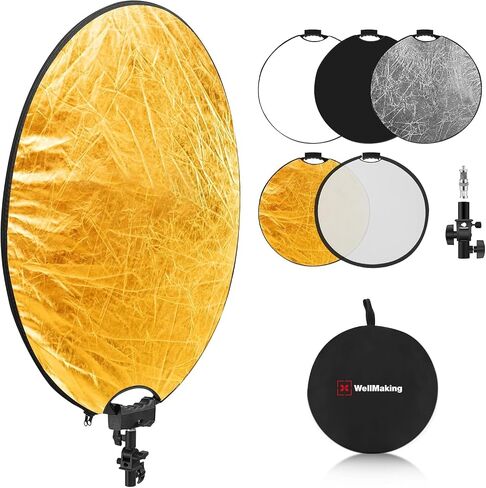 WELLMAKING 32'' Reflector Photography with tilt Adapter for Studio Outdoor | 80cm 5-in-1 Light Reflector, Foldable with Carrying Bag, Portable Setup, Premium Coating, Translucent Silver Gold White Black in Kuwait