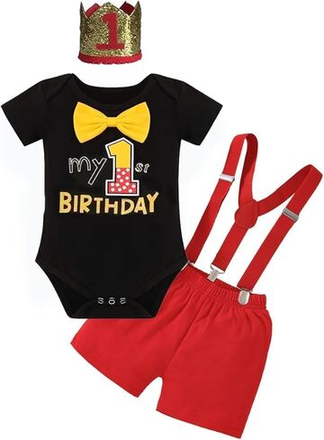 Baby Boy 1 year old First Birthday Clothes Infant Clothes Bow Tie Romper Pants Set Suspenders Cake Smash Outfits in Kuwait