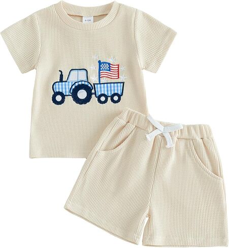 Socutebabe Baby Boy 4th of July Outfit Toddler Truck Flag T Shirt Shorts Fourth Of July Outfits Cute Independence Day Clothes in Kuwait