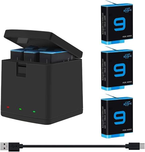Hero 9/10/11/12 Batteries 3-Pack and 3-Channel Charger | Compatible with Hero 9 Black, Hero 10 Black, He ro 11 12 Black (Fully Compatible with 9 10 11 12 Battery) in Kuwait