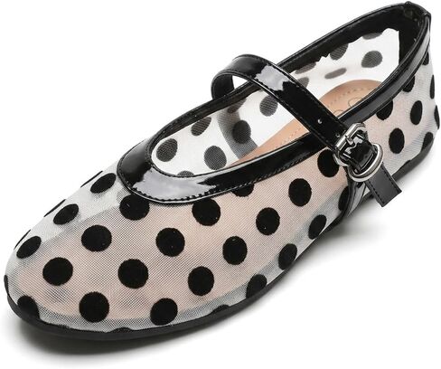 Women's Mesh Mary Jane Flats Breathable Polka Dot Ballet Shoes Round Toe Buckle Strap Casual Walking Shoes Fashion Summer Flat in Kuwait