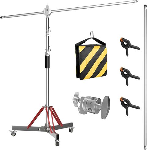 LOMTAP C Stand with Boom Arm, Stainless Steel Photography Heavy Duty Light Stand, 10ft/3m Adjustable Height, Mobile Wheeled Base with Spring Buffer for Studio Equipment in Kuwait