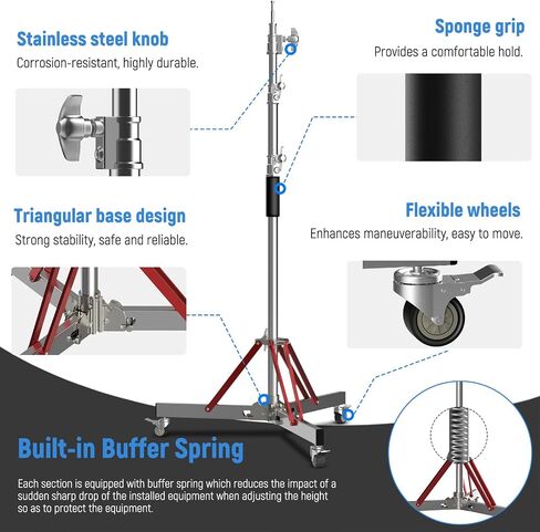 LOMTAP C Stand with Boom Arm, Stainless Steel Photography Heavy Duty Light Stand, 10ft/3m Adjustable Height, Mobile Wheeled Base with Spring Buffer for Studio Equipment in Kuwait