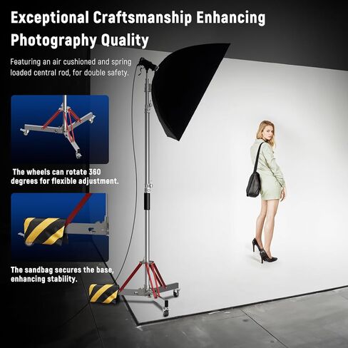 LOMTAP C Stand with Boom Arm, Stainless Steel Photography Heavy Duty Light Stand, 10ft/3m Adjustable Height, Mobile Wheeled Base with Spring Buffer for Studio Equipment in Kuwait