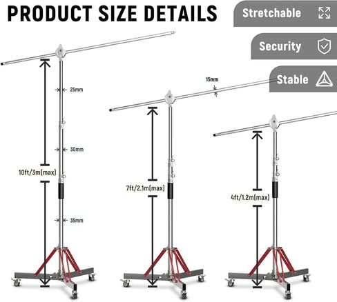 LOMTAP C Stand with Boom Arm, Stainless Steel Photography Heavy Duty Light Stand, 10ft/3m Adjustable Height, Mobile Wheeled Base with Spring Buffer for Studio Equipment in Kuwait