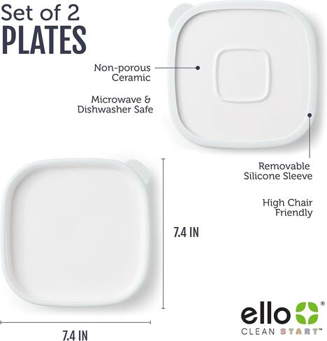 Ello Clean Start Ceramic Toddler Plates with Sleeves, 2 Pack, Quiet Tide/Tech Blue in Kuwait
