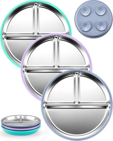 MIMORE Stainless Steel Kids Plates - 3 Pack 9.25" Stainless Steel Baby Plates with Suction - Non Toxic & BPA Free in Kuwait