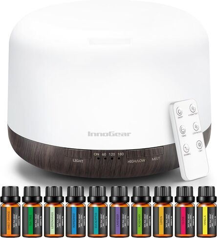 InnoGear 500ml Aromatherapy Diffuser for Home 10 Essential Oil Set, Yellow | Gift Set, Remote Control, Automatic Shut-Off, 4 Timers, Quiet, Run up to 18hrs, Cool Mist Humidifier, Large Room, Easy to Use in Kuwait