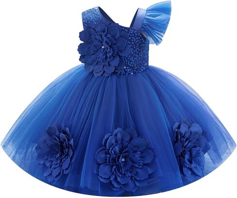 IBTOM Castle Toddler Formal Sequin Dress Royal Blue-3D Flower 2-3T | Baby Girls One Shoulder Pageant Tutu Dress, Bowknot, Tulle, Infant Ball Gown for First Birthday Wedding Guest Party Prom in Kuwait