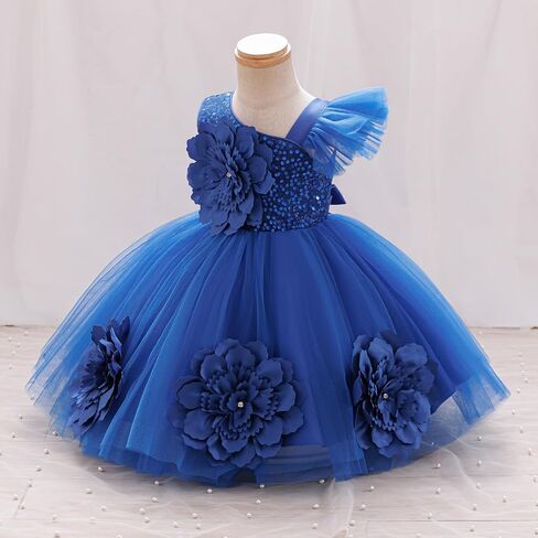 IBTOM Castle Toddler Formal Sequin Dress Royal Blue-3D Flower 2-3T | Baby Girls One Shoulder Pageant Tutu Dress, Bowknot, Tulle, Infant Ball Gown for First Birthday Wedding Guest Party Prom in Kuwait