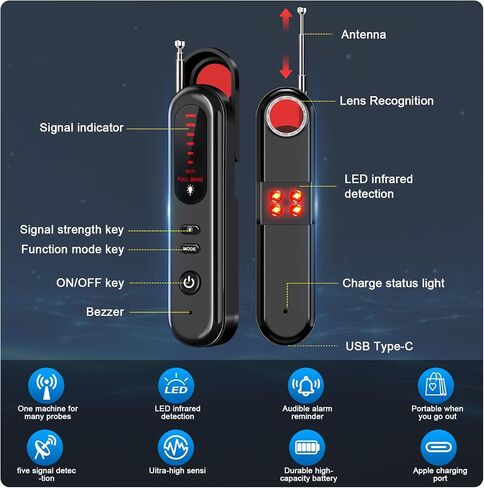 SEVENPARK Hidden Camera Detector - 2026 Portable Camera Finder, GPS Tracker Detector, RF Wireless Signal Scanner for Office, Hotels, Cars, 5 Levels Sensitivity (Black) in Kuwait