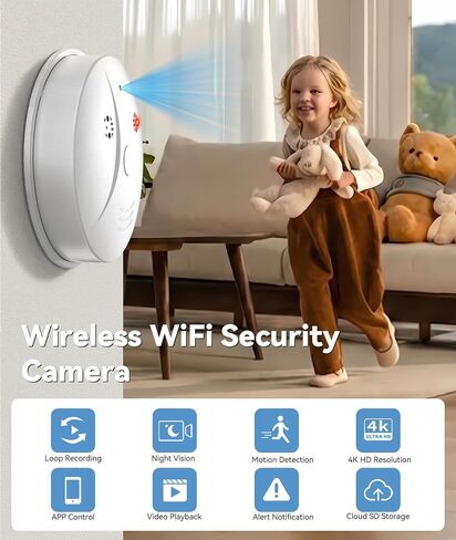 1080P HD Wireless WiFi Indoor Camera Smoke Detector for Home Security with App Control & Motion Detection,Outdoor Camera with Night Vision & Loop Recording for Office,Garage,Shop,Easy to Use in Kuwait