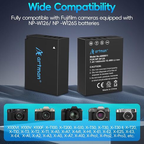 Artman NP-W126 NP-W126S Battery 2-Pack and Rapid Dual Charger Compatible with Fujifilm XM5, X-E5, X Half, X100VI, X100V, XS10, XT30II, X-T30, XT20, X-T3, X-Pro3, X100F, X-A7, A5, XE4 Cameras in Kuwait