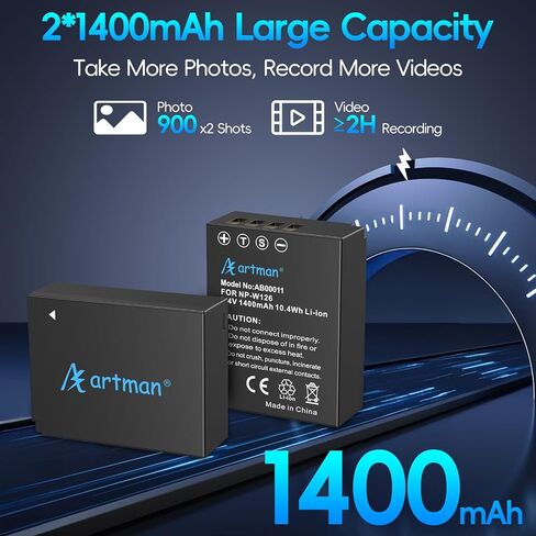 Artman NP-W126 NP-W126S Battery 2-Pack and Rapid Dual Charger Compatible with Fujifilm XM5, X-E5, X Half, X100VI, X100V, XS10, XT30II, X-T30, XT20, X-T3, X-Pro3, X100F, X-A7, A5, XE4 Cameras in Kuwait