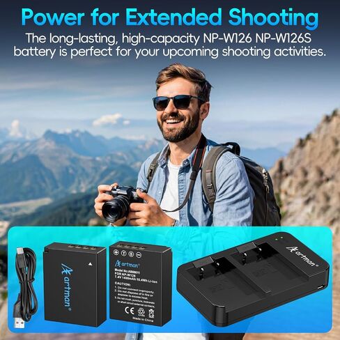 Artman NP-W126 NP-W126S Battery 2-Pack and Rapid Dual Charger Compatible with Fujifilm XM5, X-E5, X Half, X100VI, X100V, XS10, XT30II, X-T30, XT20, X-T3, X-Pro3, X100F, X-A7, A5, XE4 Cameras in Kuwait