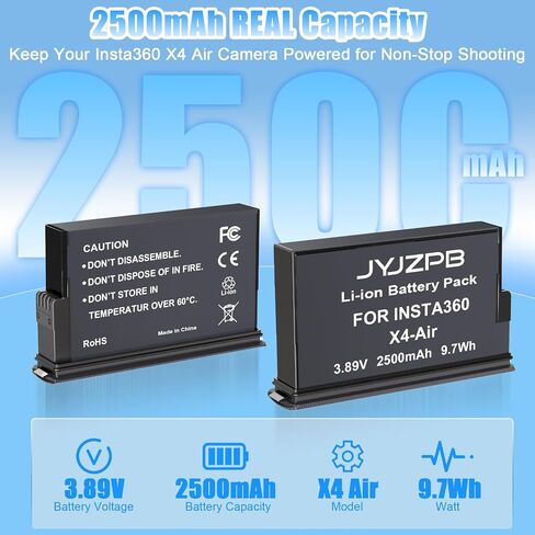 JYJZPB 360X4 Air Battery for Insta360 X4 Air Battery Pack with Dual Charger | 2-Pack 2500mAh Replacement Battery for Insta360 X4 Air and Dual Fast Charging Charger Set for Insta 360 X4 Air Camera in Kuwait