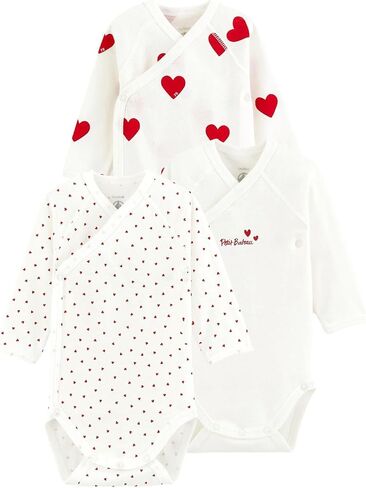 Petit Bateau Babies' Long-sleeved Wrapover Red Hearts Organic Cotton Bodysuits - 3-Pack STYLE A00AZ SIZES NB-12/M in Kuwait